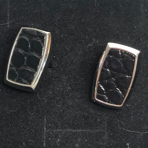 S T Dupont Silver Black Leather Square Cuff Links - Picture 2 of 7